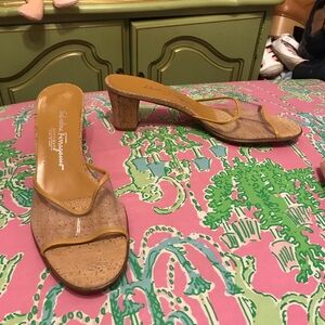 Salvatore Ferragamo clear cork sole slide mule sandals block heels size 8.5